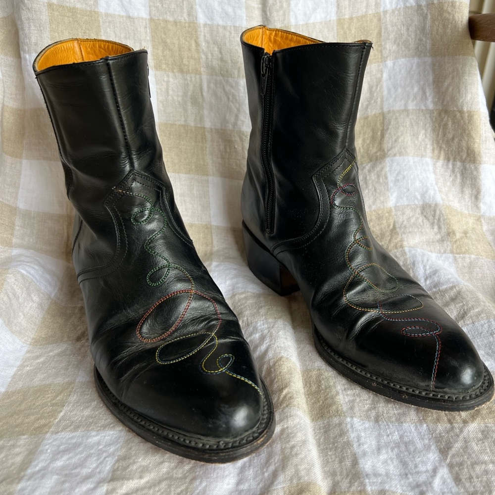 Charlotte Stone Black Leather Ankle Boots with Multicolor Stitching